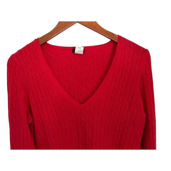 J.Crew Red Cable Knit V-Neck Sweater M Wool Cashmere Blend Long Sleeve - Picture 4 of 7